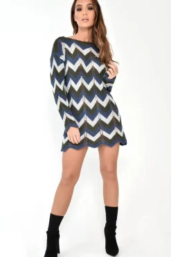 Rebellious Fashion Blue Green Black Chevron Jumper Dress - Kalise