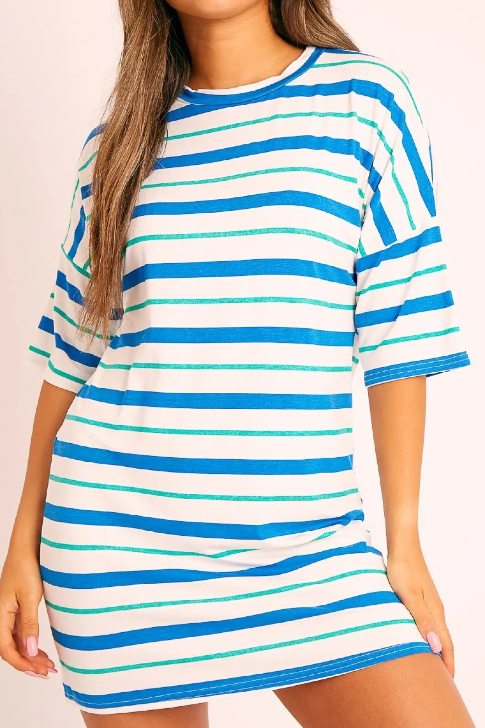 Rebellious Fashion Blue Green Striped T-shirt Dress - Hanaa