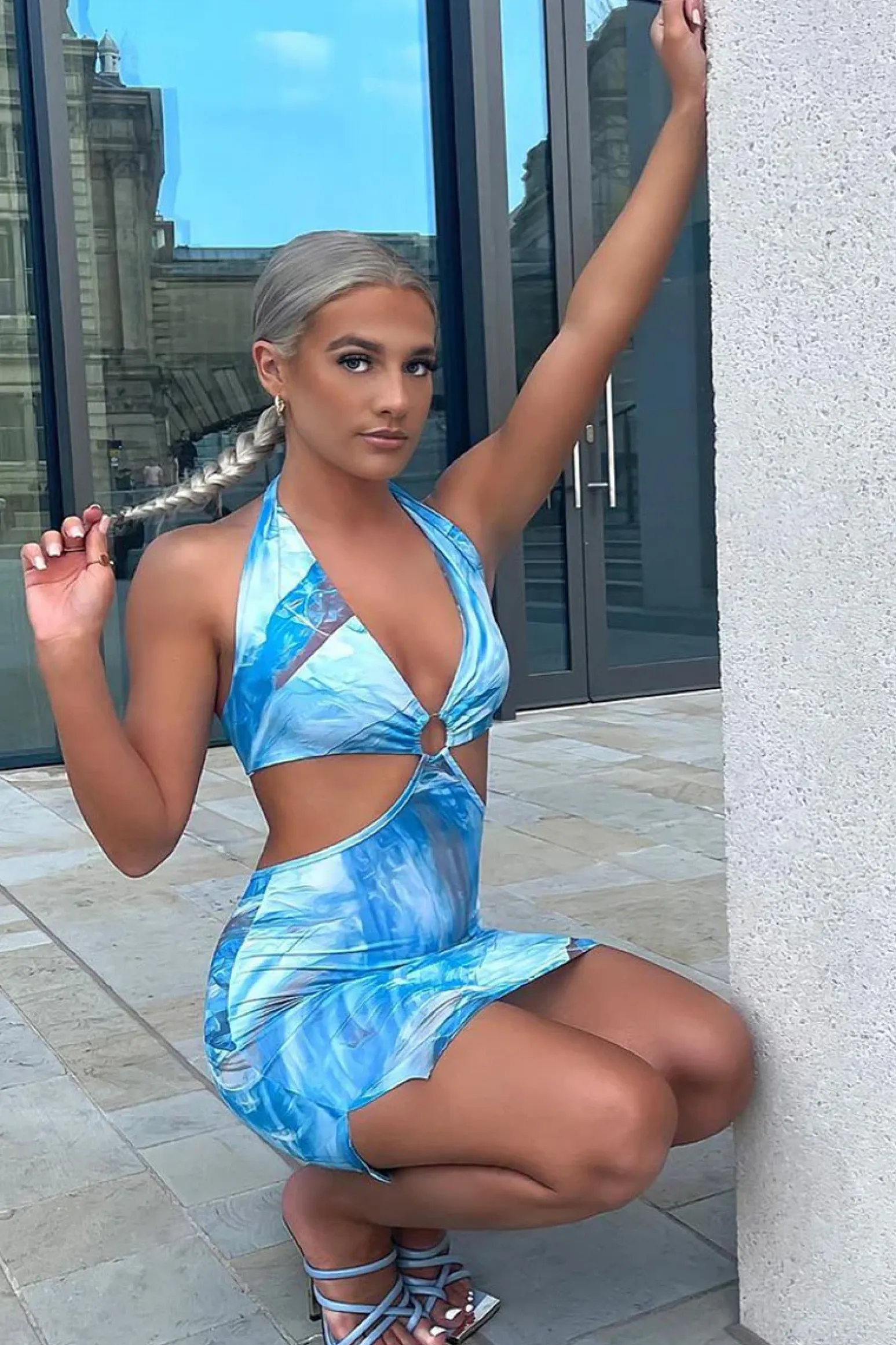 Rebellious Fashion Blue Marble Cut Out Ring Detail Halter Neck Mini Dress - Joanie