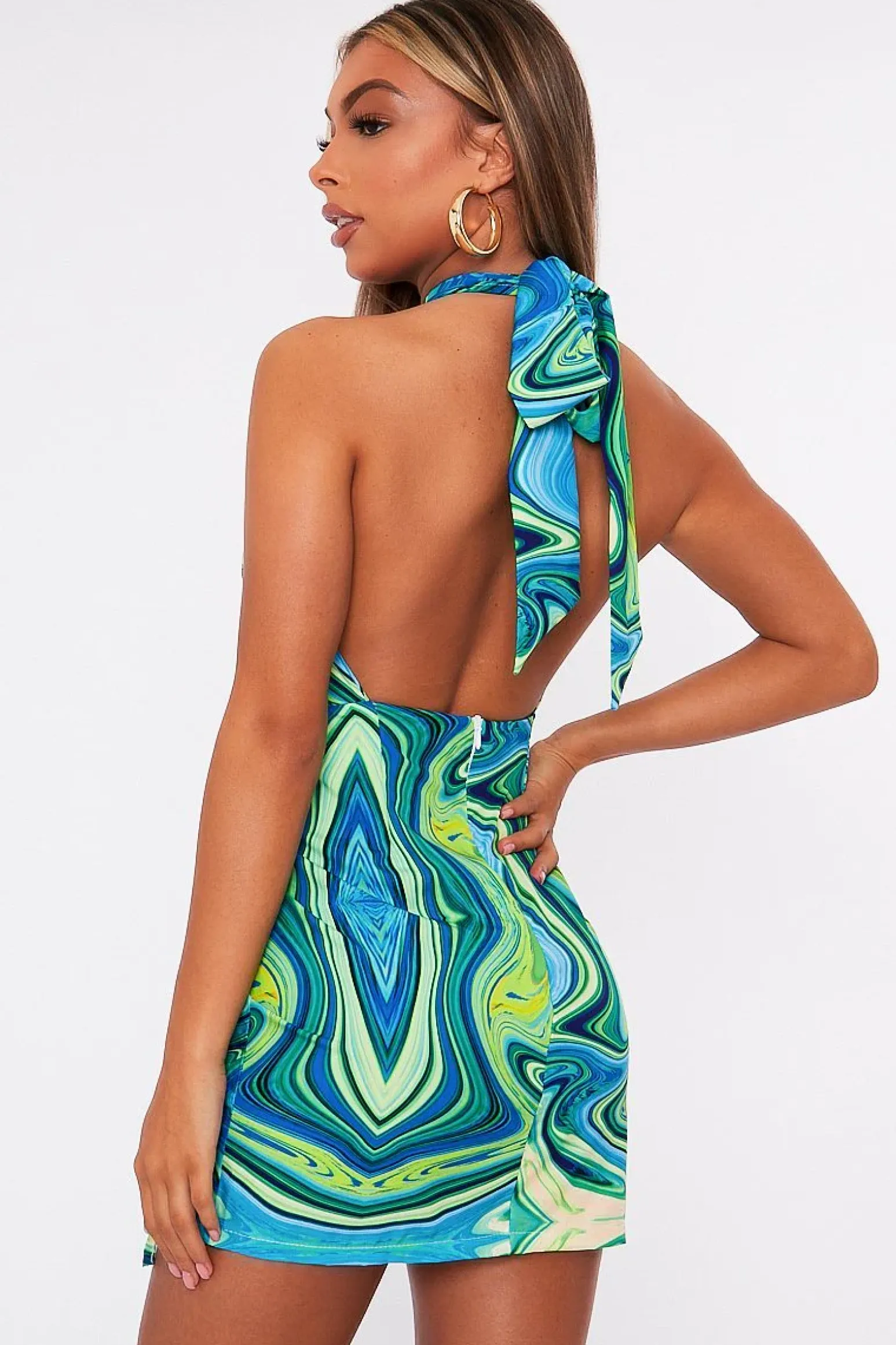 Rebellious Fashion Blue Marble Halter Neck Cut Out Ruched Mini Dress - Oliviyah