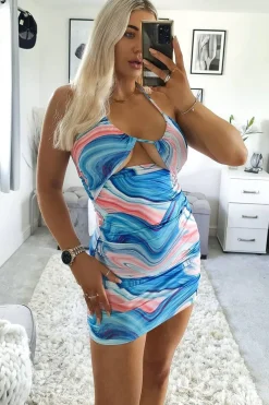Rebellious Fashion Blue Marble Print Cut Out Mini Dress - Kaydee