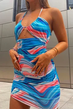 Rebellious Fashion Blue Marble Print Cut Out Mini Dress - Kaydee