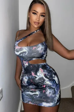 Rebellious Fashion Blue Marble Print Cut Out Mini Dress - Shelbi