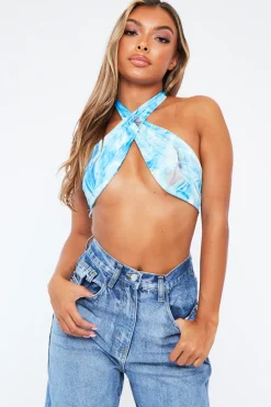 Rebellious Fashion Blue Marble Print Halter Neck Crop Top - Ace