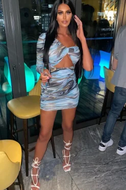 Rebellious Fashion Blue Marble Print One Shoulder Cut Out Ruched Midi Dress - Breiah