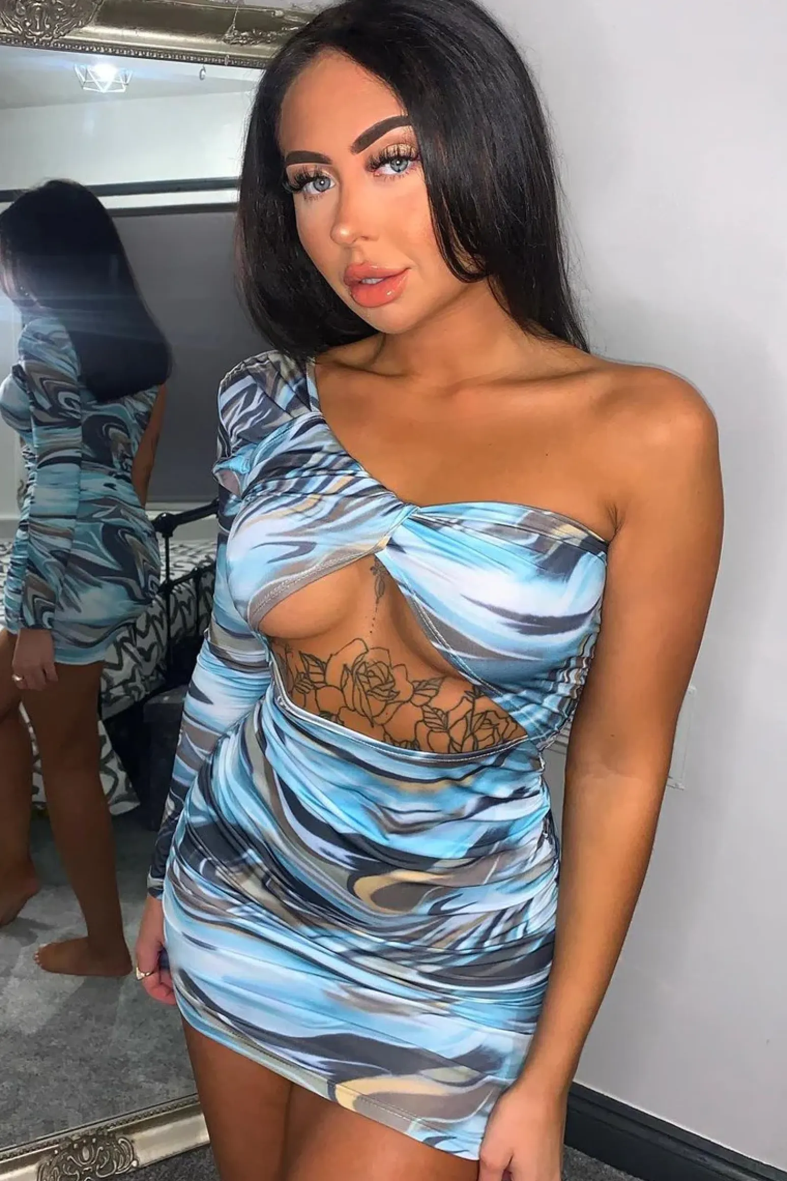 Rebellious Fashion Blue Marble Print One Shoulder Cut Out Ruched Midi Dress - Breiah