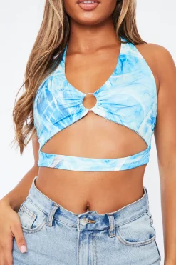 Rebellious Fashion Blue Marble Print Ring Detail Halter Neck Crop Top - Pixey