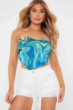 Rebellious Fashion Blue Marble Print Tie Back Bandana Crop Top - Toka
