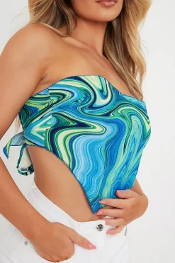 Rebellious Fashion Blue Marble Print Tie Back Bandana Crop Top - Toka