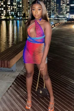 Rebellious Fashion Blue Mesh Blend Halter Neck Mini Dress - Lelah