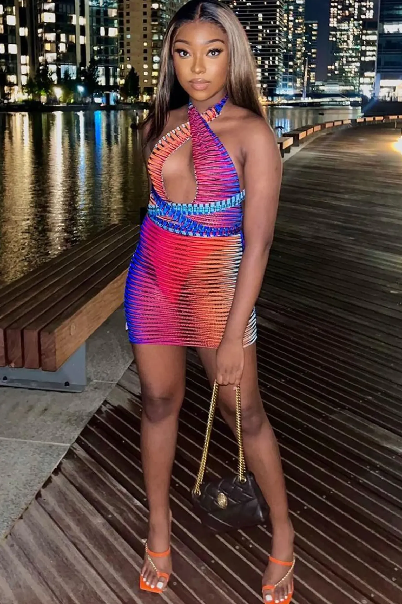 Rebellious Fashion Blue Mesh Blend Halter Neck Mini Dress - Lelah