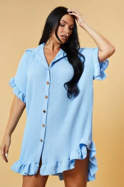Rebellious Fashion Blue Pleat Detail Frill Sleeve Oversized Dress - Sana