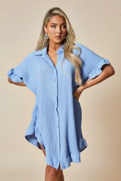 Rebellious Fashion Blue Plisse Detail Frill Hem Oversized Dress - Sakura