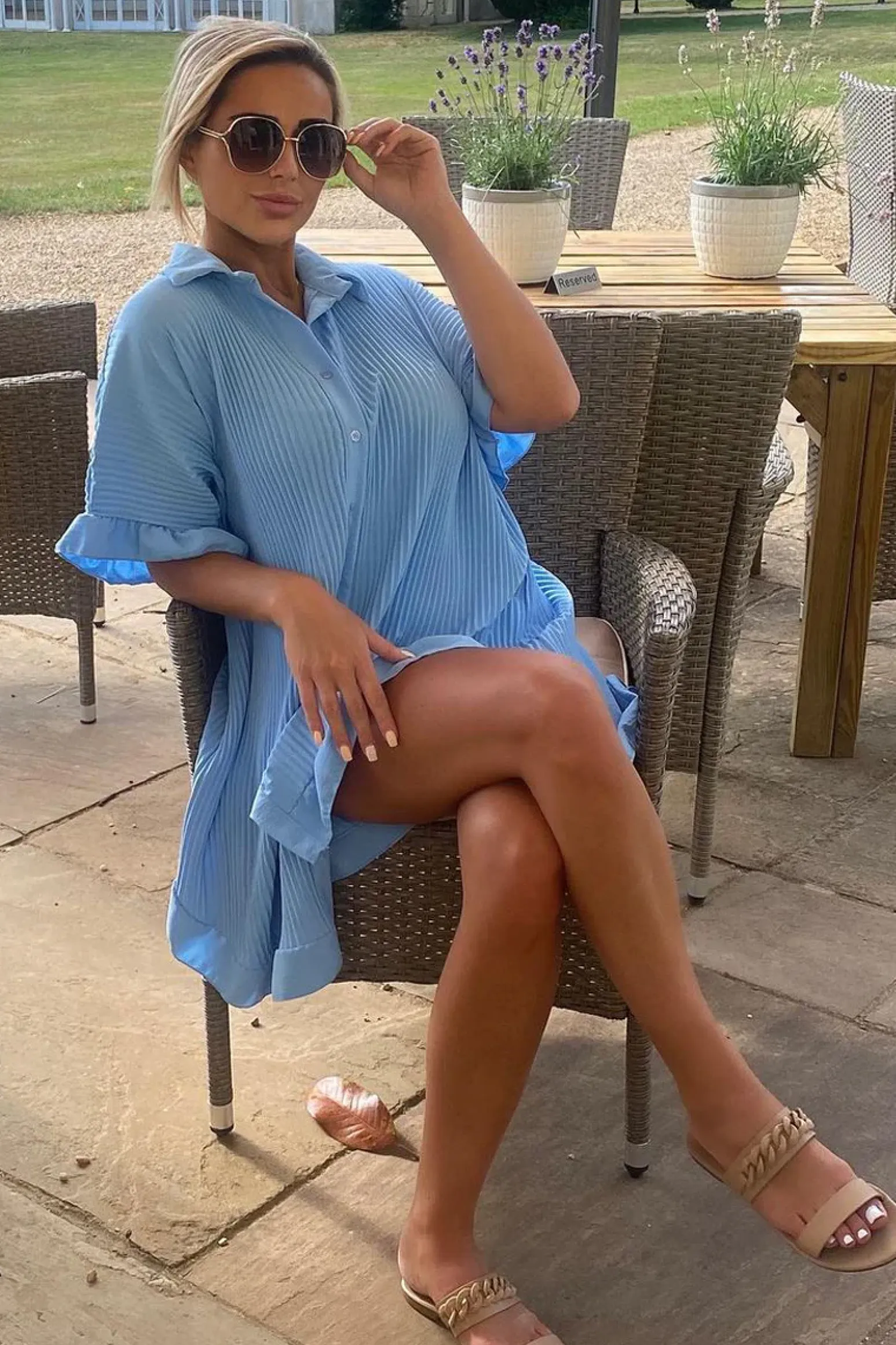 Rebellious Fashion Blue Plisse Detail Frill Hem Oversized Dress - Sakura