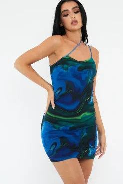 Rebellious Fashion Blue Print Mesh Asymmetric Straps Mini Dress - Tuliya