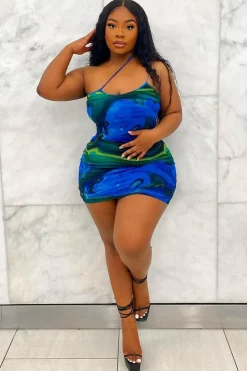 Rebellious Fashion Blue Print Mesh Asymmetric Straps Mini Dress - Tuliya