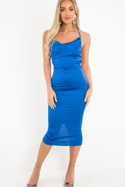 Rebellious Fashion Blue Satin Cowl Neck Midi Bodycon Dress - Liliana