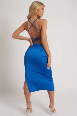 Rebellious Fashion Blue Satin Cowl Neck Midi Bodycon Dress - Liliana