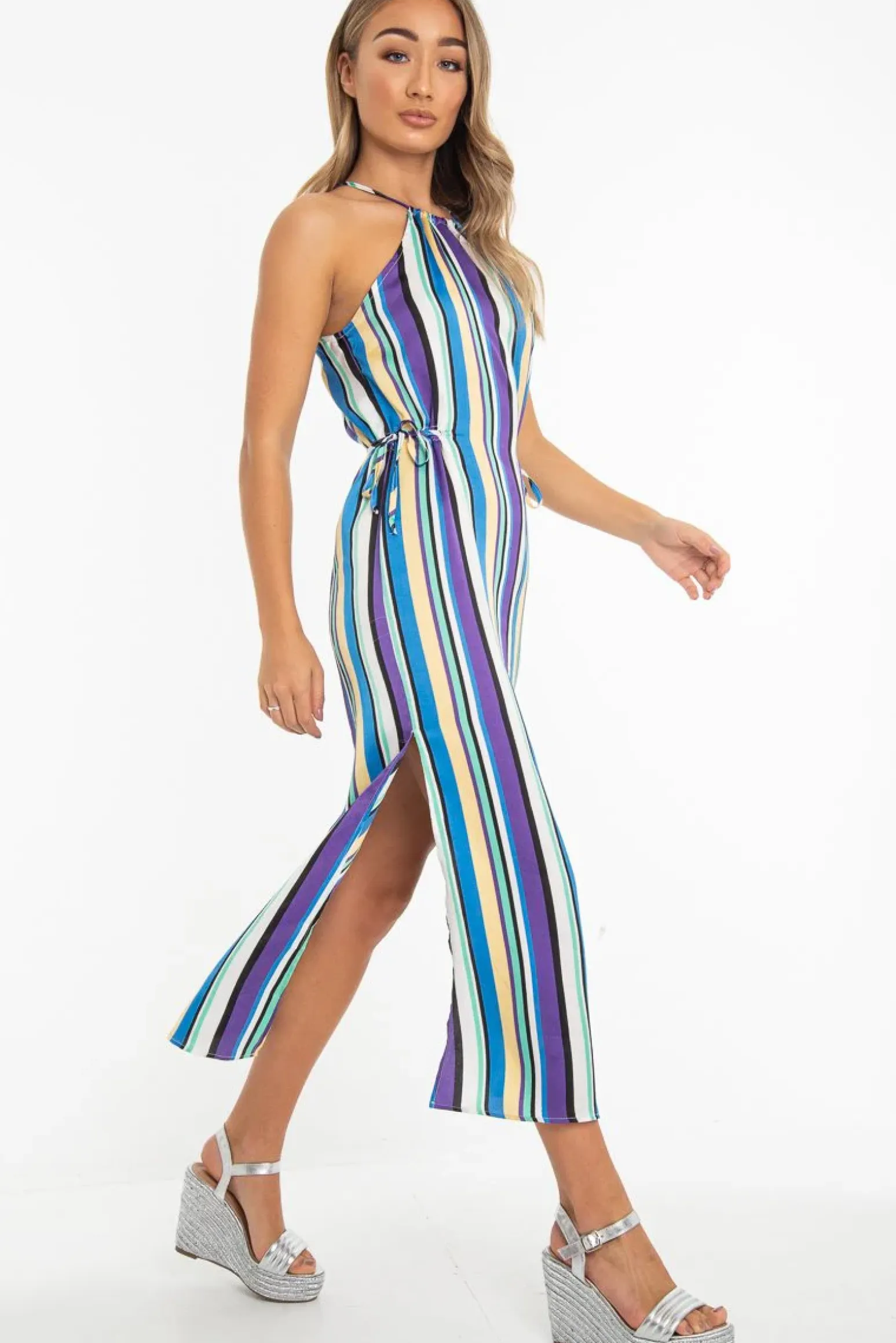 Rebellious Fashion Blue Stripe Halterneck Drawstring Waist Maxi Dress - Melanie
