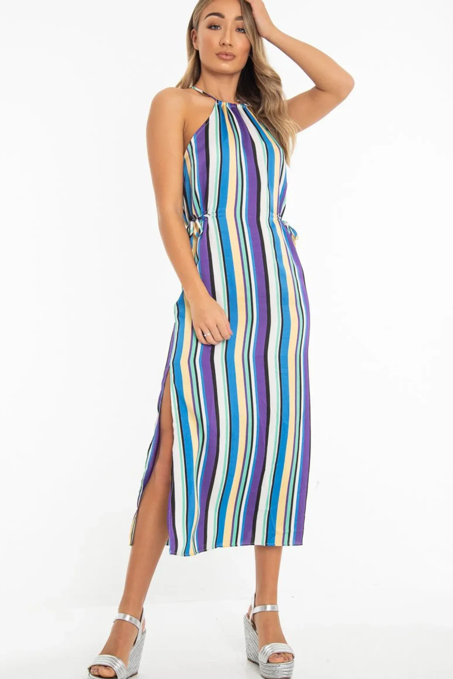 Rebellious Fashion Blue Stripe Halterneck Drawstring Waist Maxi Dress - Melanie