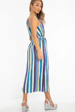 Rebellious Fashion Blue Stripe Halterneck Drawstring Waist Maxi Dress - Melanie