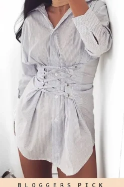 Rebellious Fashion Blue Stripe Lace Up Shirt Dress - Sian