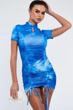 Rebellious Fashion Blue Tie Dye High Neck Ruched Mini Dress - Mici
