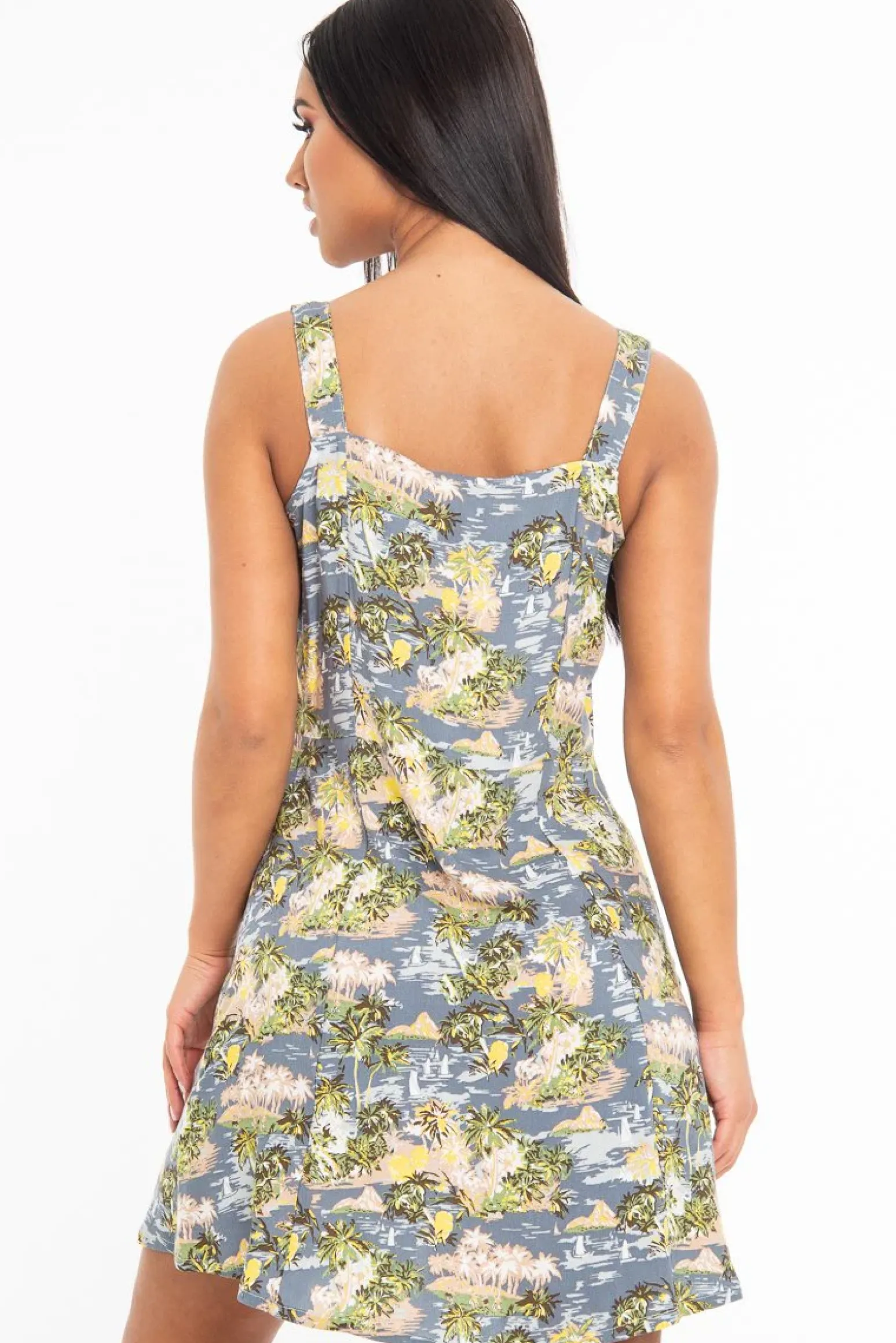Rebellious Fashion Blue Tropical Print Button Front Midi Dress - Nisha