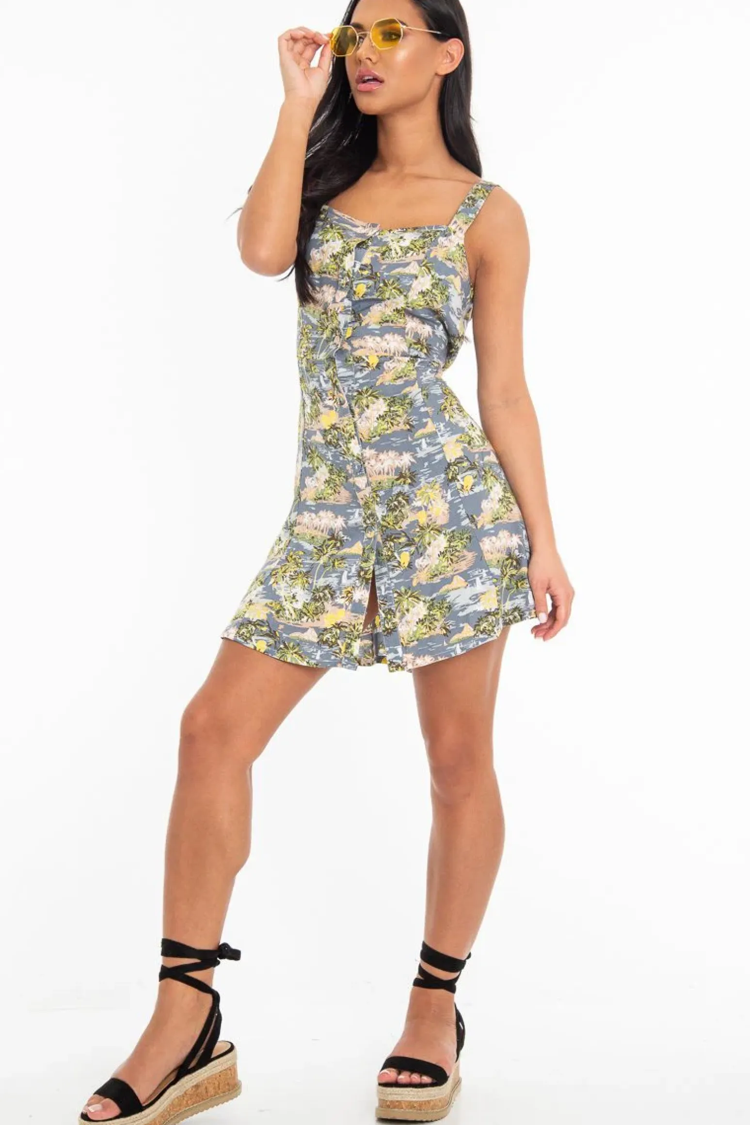 Rebellious Fashion Blue Tropical Print Button Front Midi Dress - Nisha