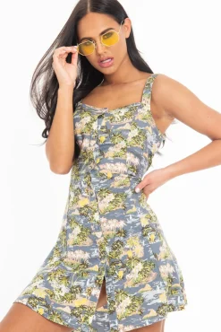 Rebellious Fashion Blue Tropical Print Button Front Midi Dress - Nisha