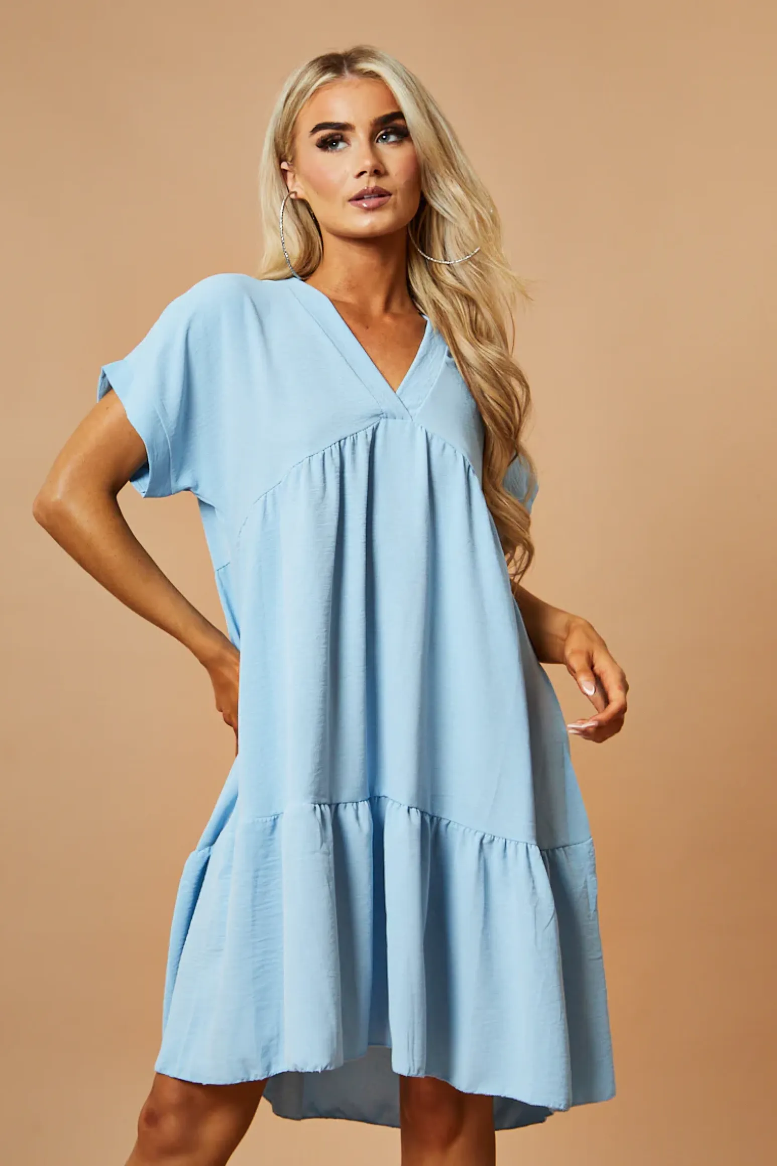 Rebellious Fashion Blue V-Neck Tiered Frill Mini Dress - Kate