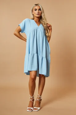 Rebellious Fashion Blue V-Neck Tiered Frill Mini Dress - Kate