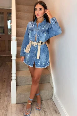 Rebellious Fashion Blue Washed Distressed Denim Shirt Dress - Chloey