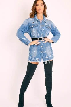 Rebellious Fashion Blue Washed Distressed Denim Shirt Dress - Chloey