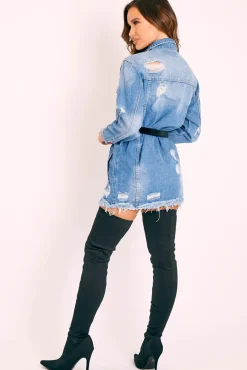 Rebellious Fashion Blue Washed Distressed Denim Shirt Dress - Chloey