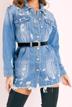Rebellious Fashion Blue Washed Distressed Denim Shirt Dress - Chloey