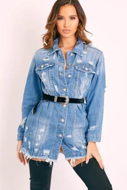 Rebellious Fashion Blue Washed Distressed Denim Shirt Dress - Chloey