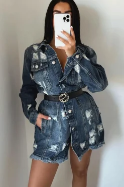 Rebellious Fashion Blue Washed Distressed Denim Shirt Dress - Chloey