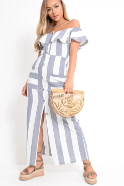 Rebellious Fashion Blue White Stripe Button Detail Woven Maxi - Grier