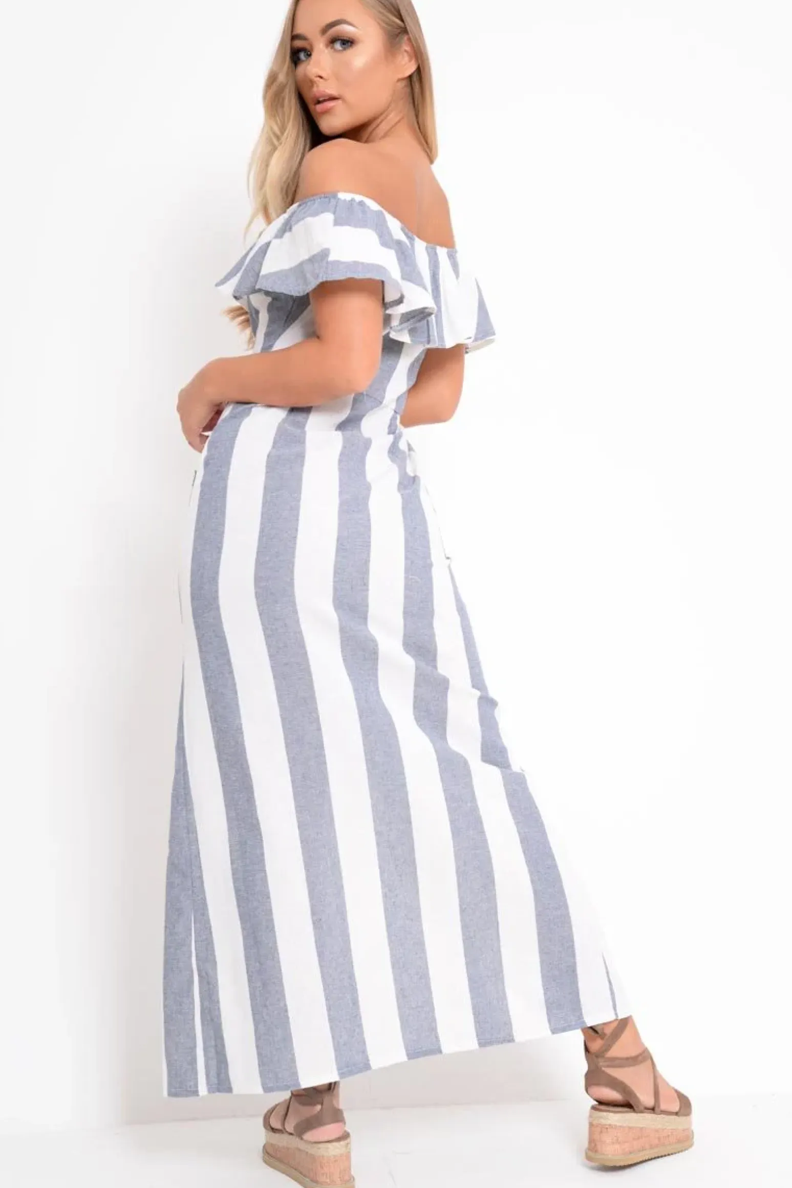 Rebellious Fashion Blue White Stripe Button Detail Woven Maxi - Grier