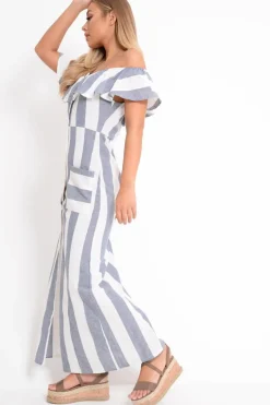 Rebellious Fashion Blue White Stripe Button Detail Woven Maxi - Grier