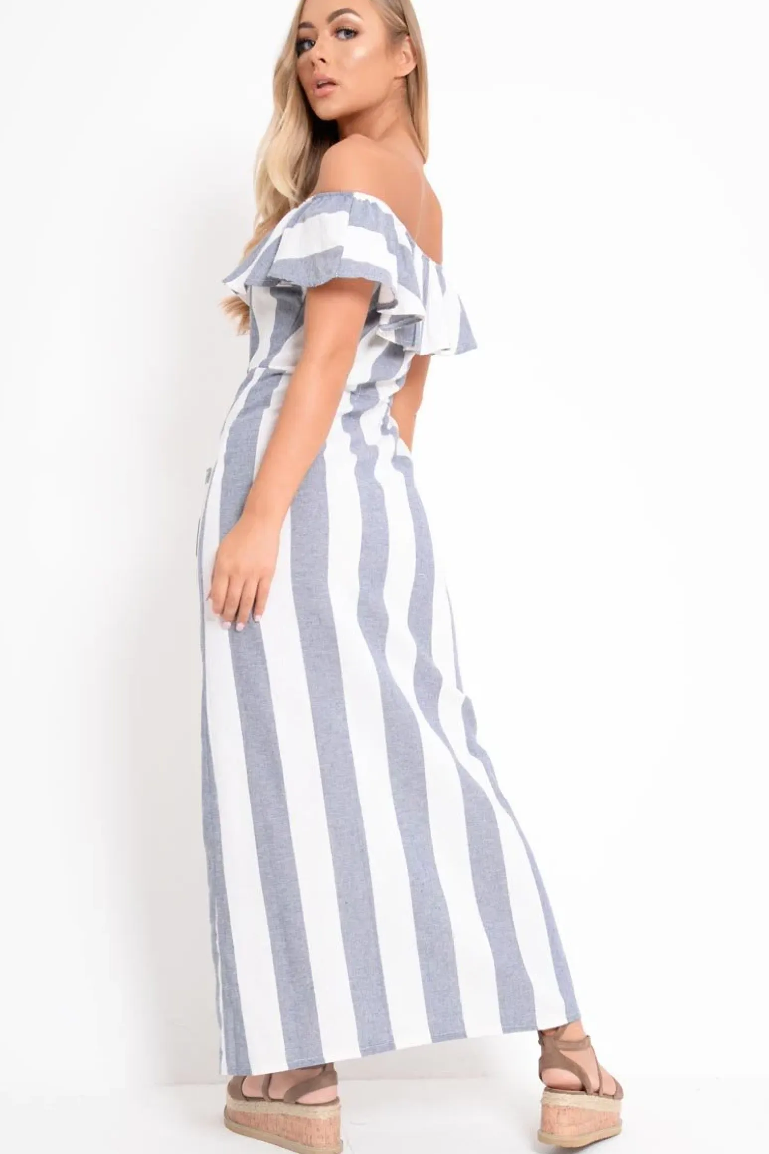 Rebellious Fashion Blue White Stripe Button Detail Woven Maxi - Grier