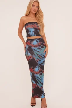 Rebellious Fashion Blue Abstract Print Cropped Top & Maxi Skirt Co-ord Set - Ellabeth