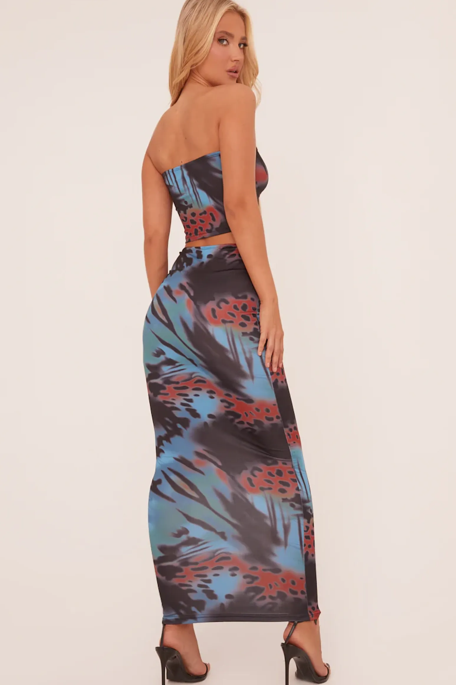 Rebellious Fashion Blue Abstract Print Cropped Top & Maxi Skirt Co-ord Set - Ellabeth