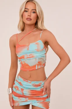 Rebellious Fashion Blue Abstract Print Ruched Crop Top & Mini Skirt Co-ord Set - Presley
