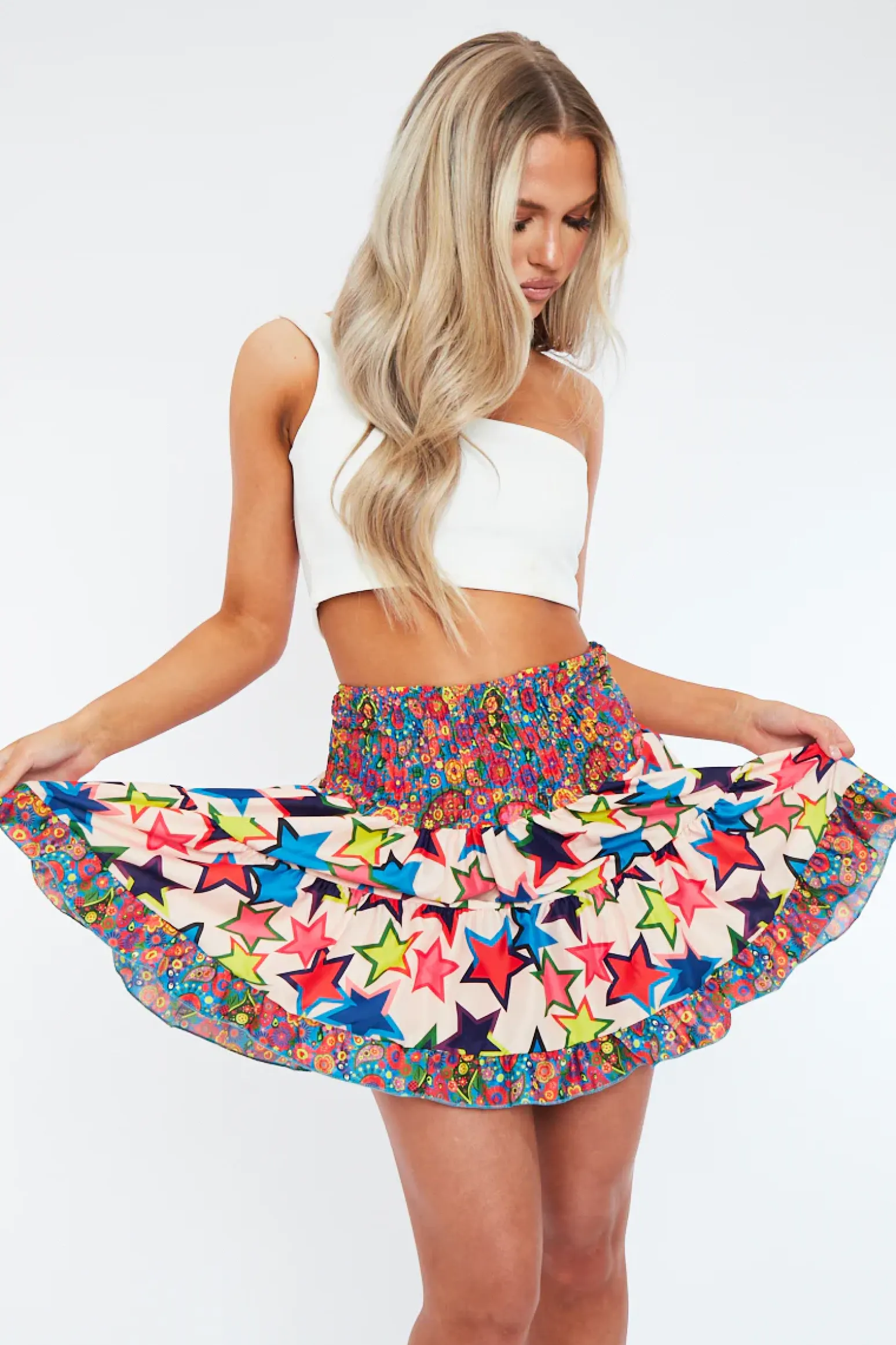 Rebellious Fashion Blue Abstract Print Shirred Boho Mini Skirt - Lottie
