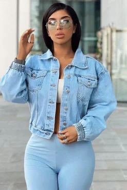Rebellious Fashion Blue Acid Wash Elasticated Hem Denim Jacket - Freja