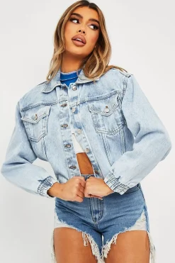 Rebellious Fashion Blue Acid Wash Elasticated Hem Denim Jacket - Freja