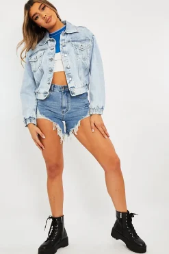Rebellious Fashion Blue Acid Wash Elasticated Hem Denim Jacket - Freja