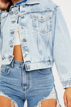 Rebellious Fashion Blue Acid Wash Elasticated Hem Denim Jacket - Freja